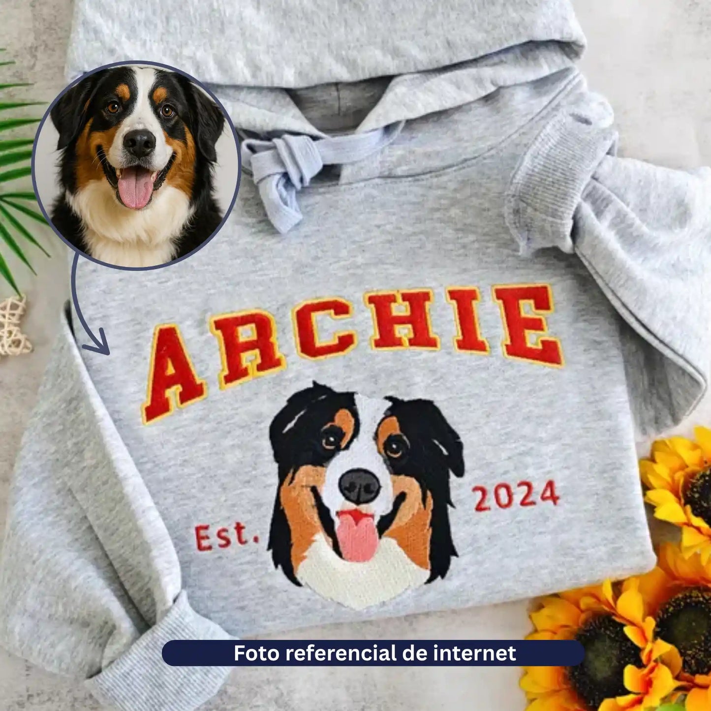 Cara de tu Mascota en Bordado Hiper Realista Estilo College - Polerón Canguro