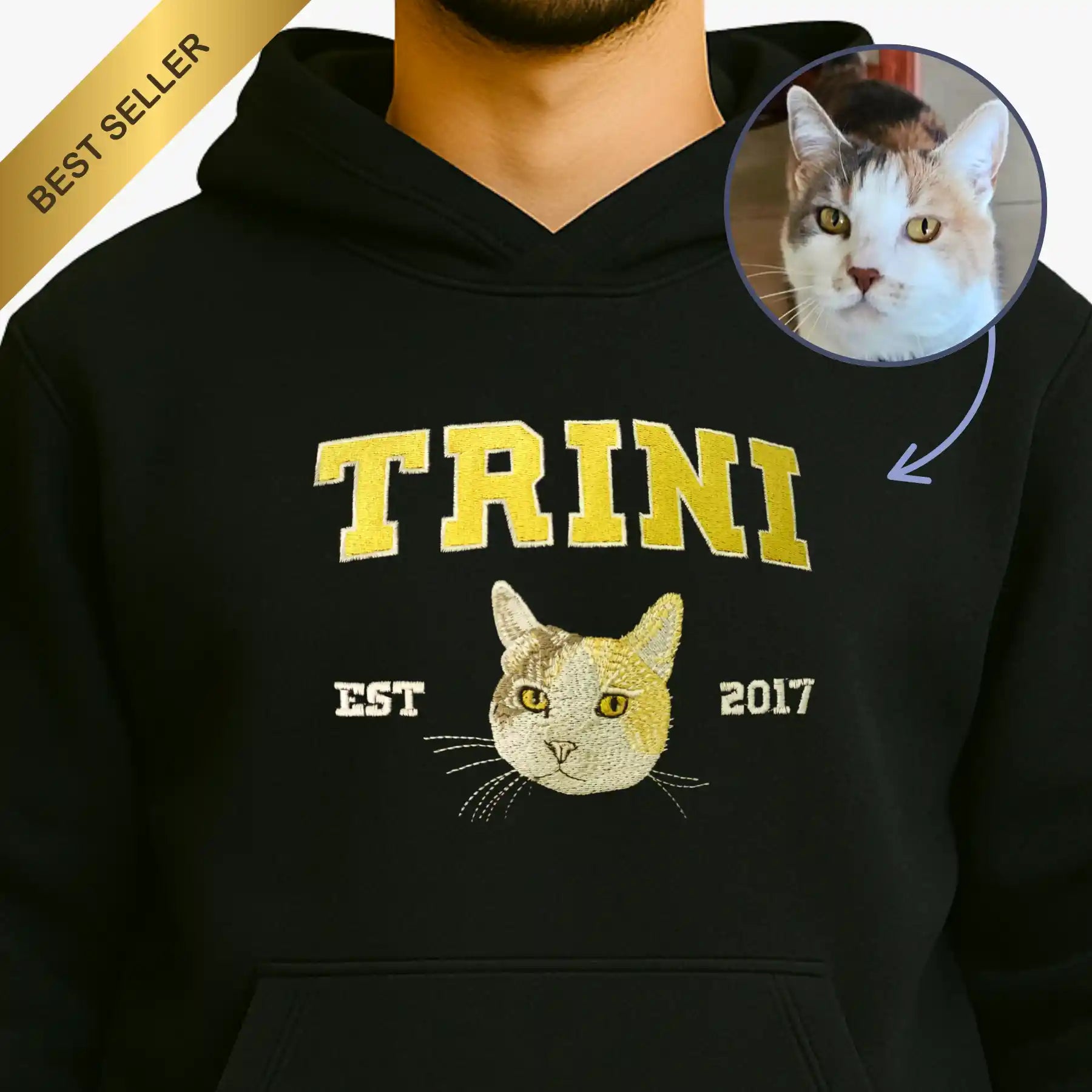 Cara de tu Mascota en Bordado Hiper Realista Estilo College - Polerón Canguro